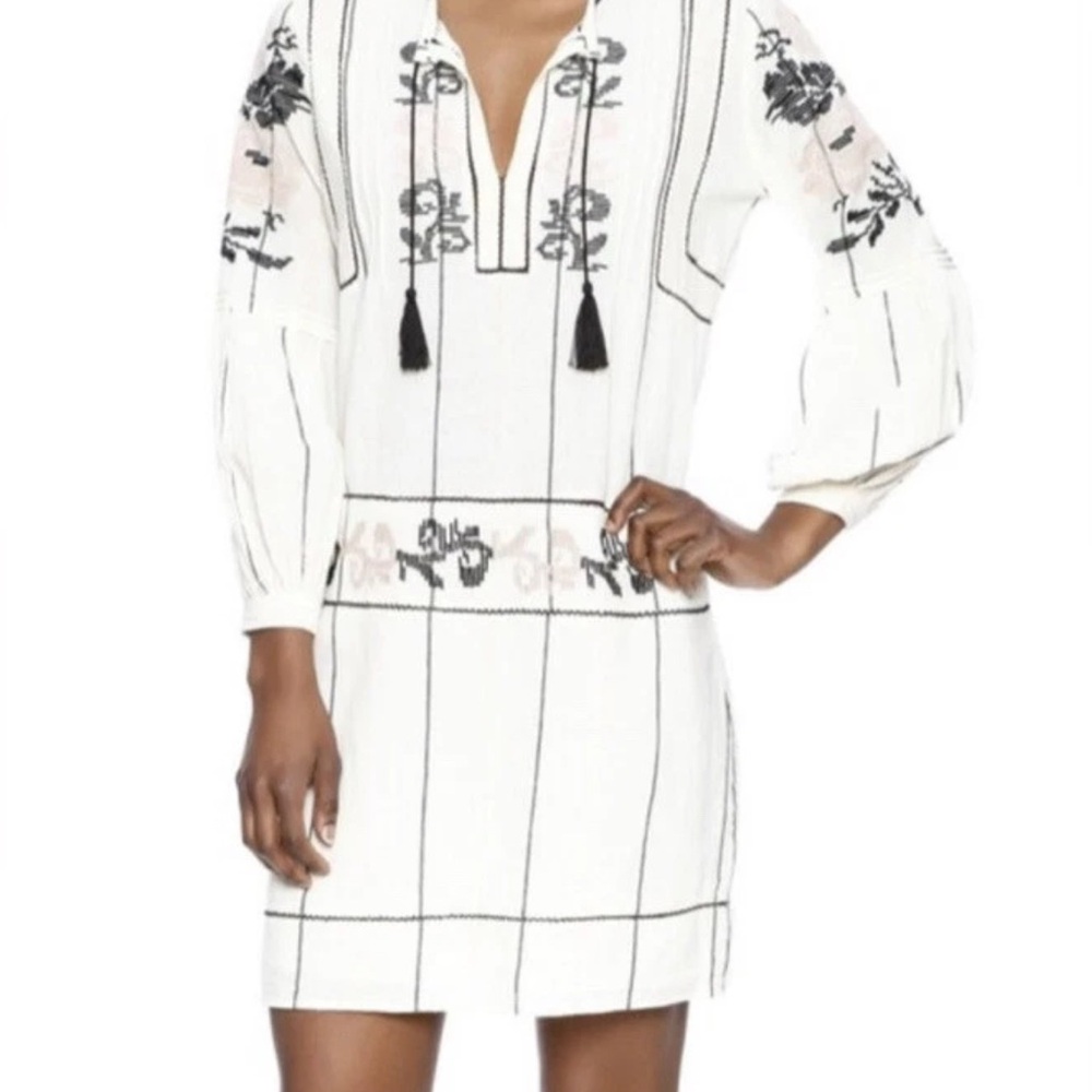 Ulla Johnson Dalia White Cotton Embroidered Boho Tunic Mini Dress S USA / 0 Euc